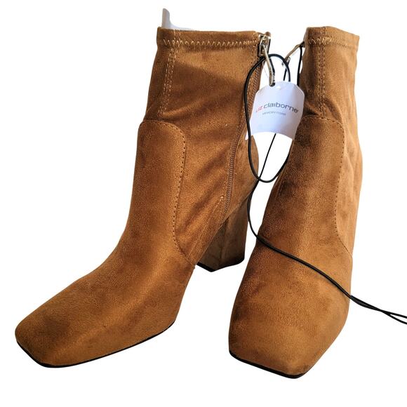 Liz Claiborne Tan Faux Suede Block Heel Ankle Zip Boots Karder Booties Size 8.5 - Picture 1 of 10